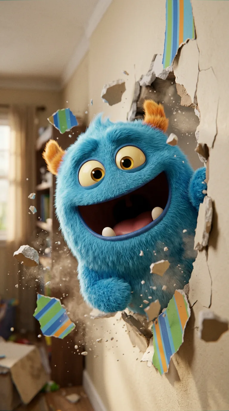 3D Fluffy Monster Bursting Through Wall