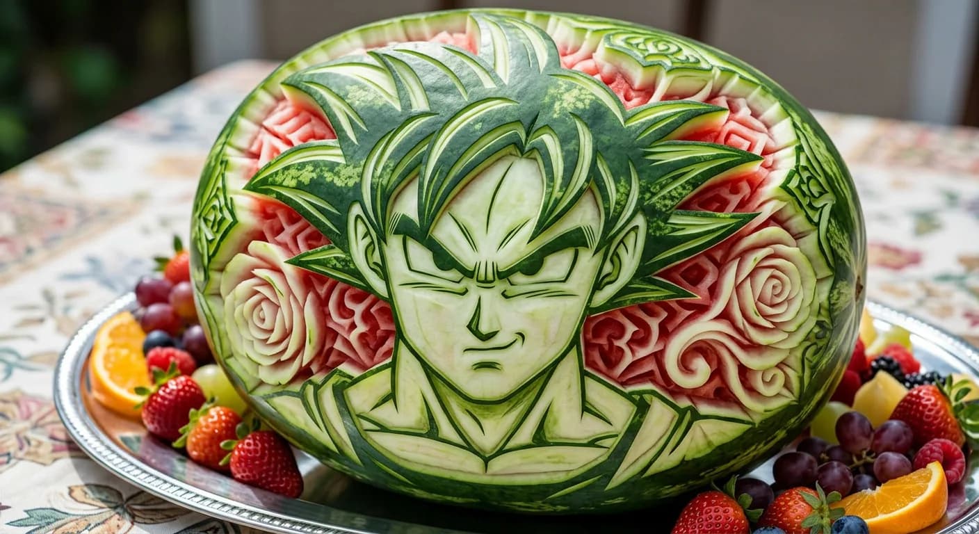 Photorealistic Watermelon Carving of an Original Character (OC)
