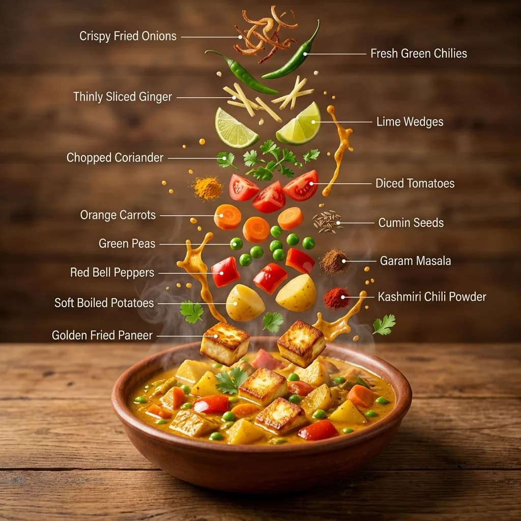Hyper-realistic editorial food infographic of Indian Veg Curry