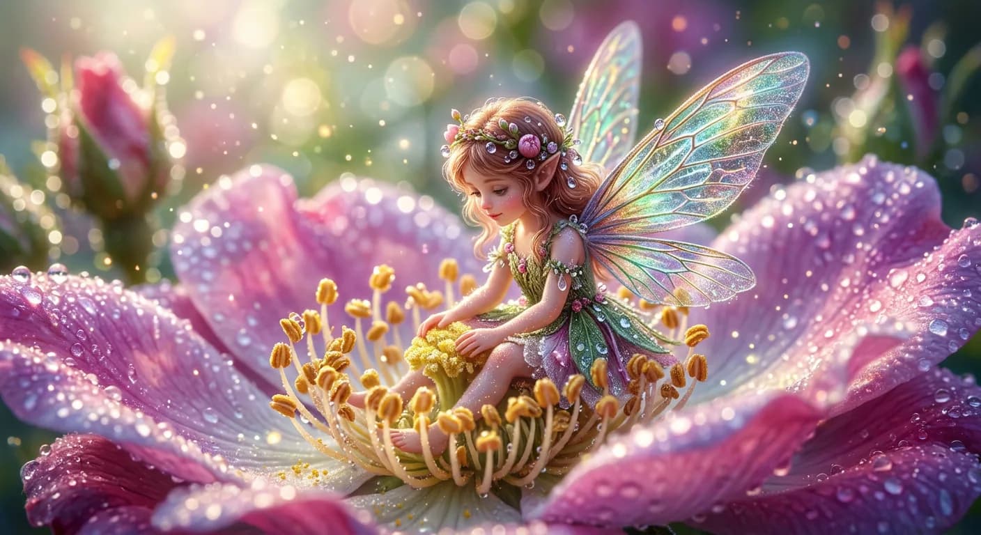 Macro Illustration of a Tiny Fairy on a Flower